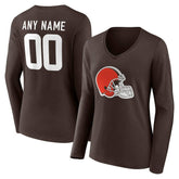 Cleveland Browns Women's Team Authentic Personalized Name & Number Long Sleeve V-Neck T-Shirt Brown