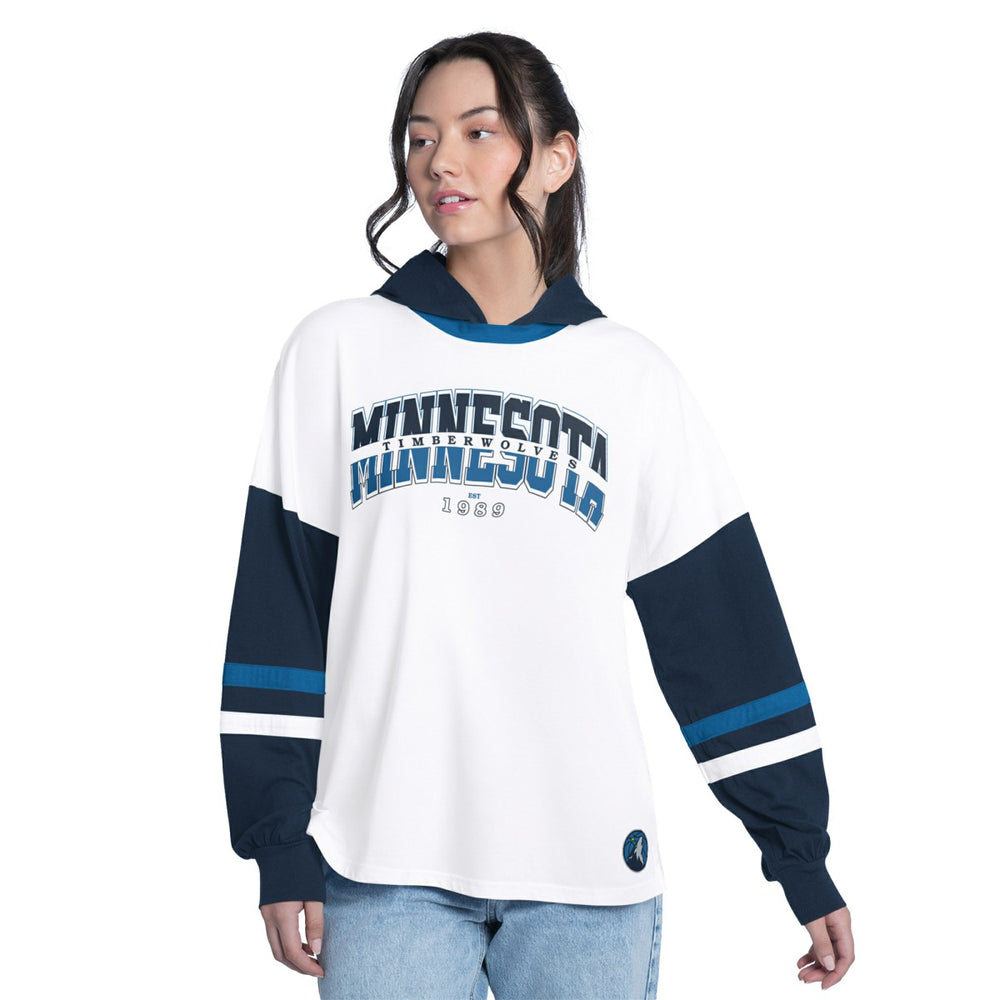 Minnesota Timberwolves G-III 4Her by Carl Banks Women's Key Player Oversized Hooded Long Sleeve T-Shirt White/Navy
