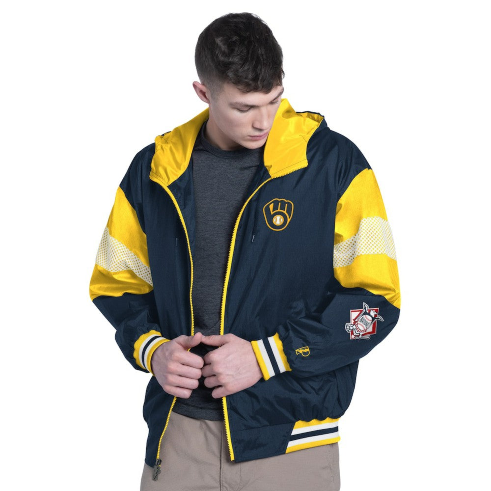 Milwaukee Brewers Pro Player Legacy Lightweight Full-Zip Hooded Jacket - Navy/Gold Jackets