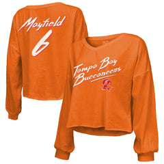Baker Mayfield Tampa Bay Buccaneers Majestic Threads Women's Off-Shoulder Script Name & Number V-Neck T-Shirt Orange