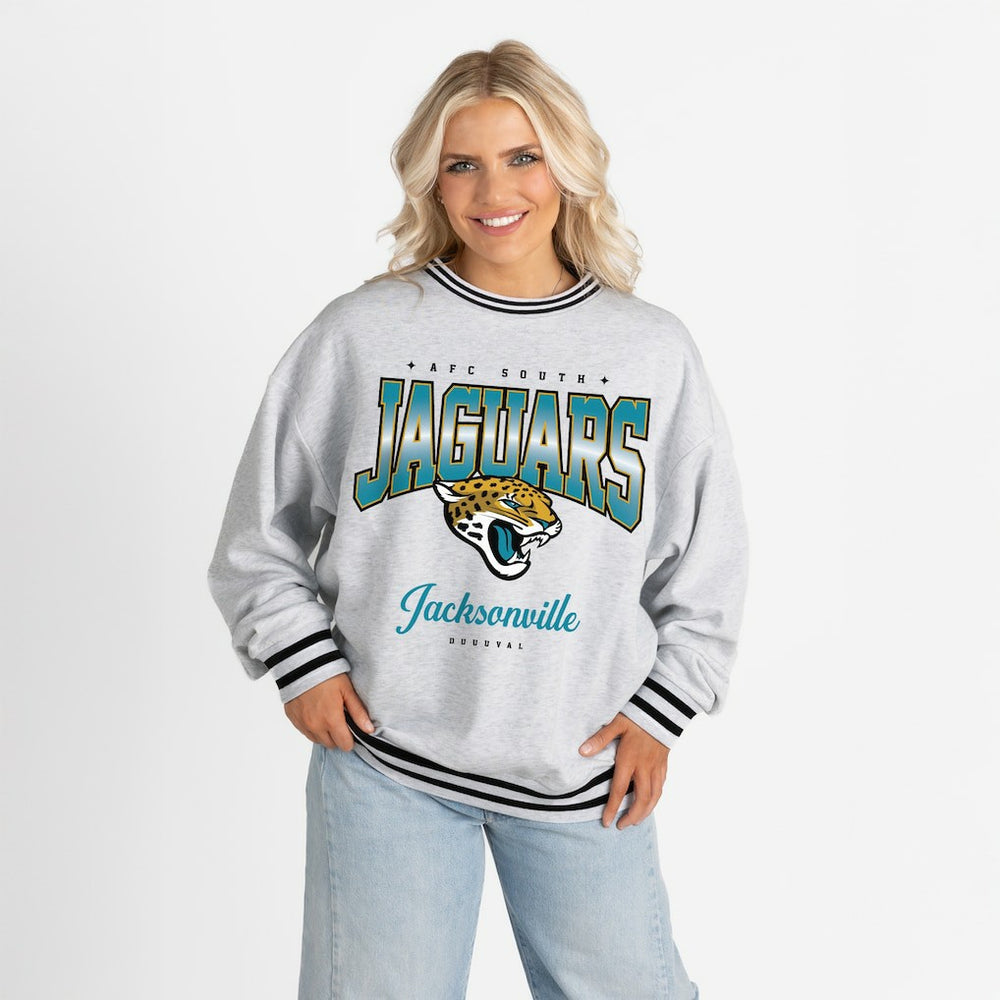 Jacksonville Jaguars Gameday Couture Women's Oversized Gridiron Drive Ringer Stripe Sweatshirt Ash/Black
