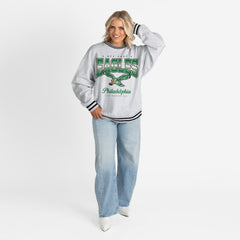 Philadelphia Eagles Gameday Couture Women's Oversized Gridiron Drive Ringer Stripe Sweatshirt Ash/Black
