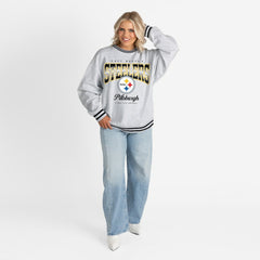 Pittsburgh Steelers Gameday Couture Women's Oversized Gridiron Drive Ringer Stripe Sweatshirt Ash/Black