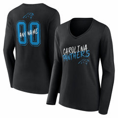 Carolina Panthers Women's Hustle Personalized Name & Number Long Sleeve V-Neck T-Shirt Black