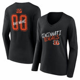 Cincinnati Bengals Women's Hustle Personalized Name & Number Long Sleeve V-Neck T-Shirt Black