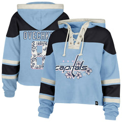 NHL Alexander Ovechkin Washington Capitals '47 Women's Cherry Blossom Superior Lacer Cropped Pullover Hoodie - Light Blue