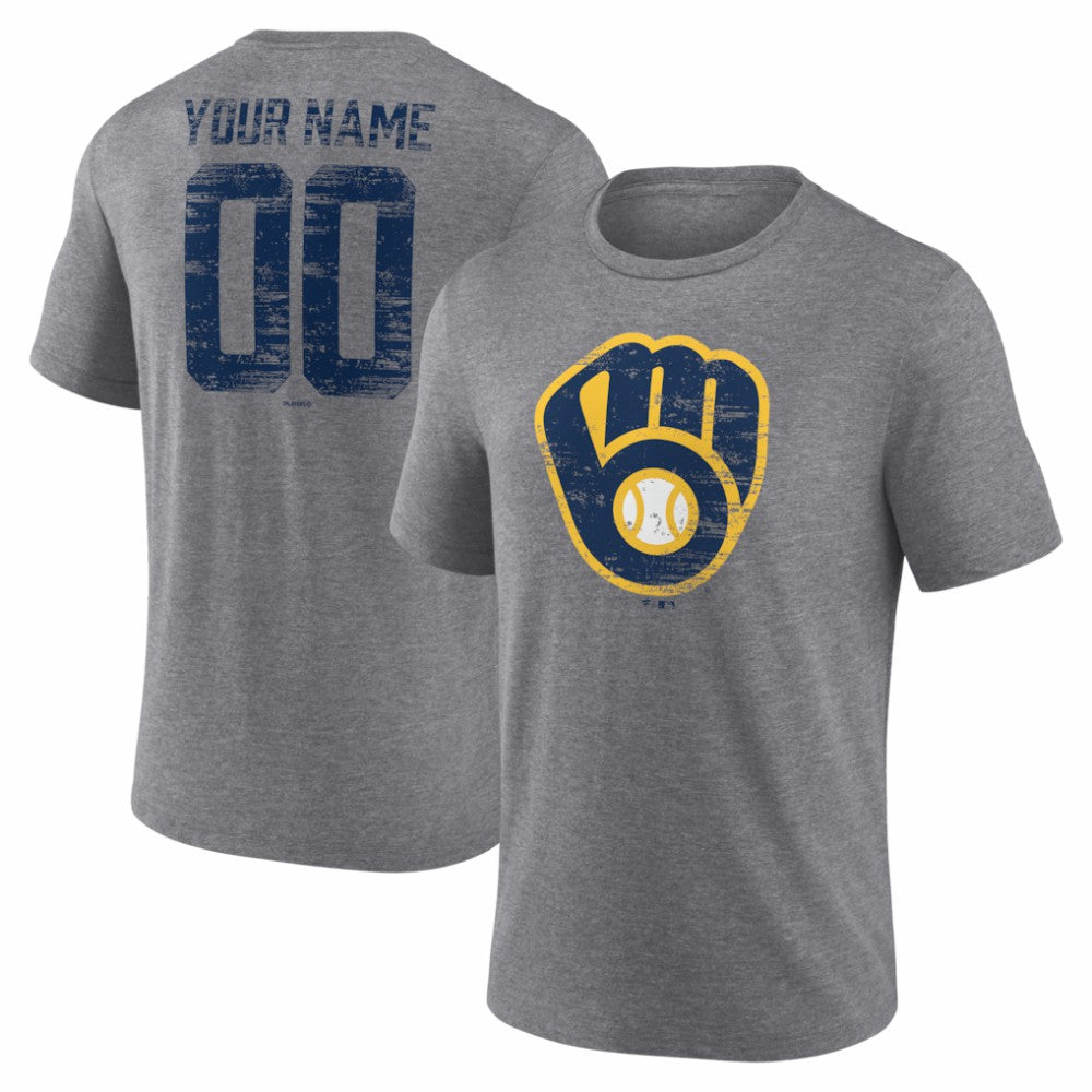 Milwaukee Brewers Heritage Personalized Any Name & Number Tri-Blend T-Shirt - Gray T-shirts
