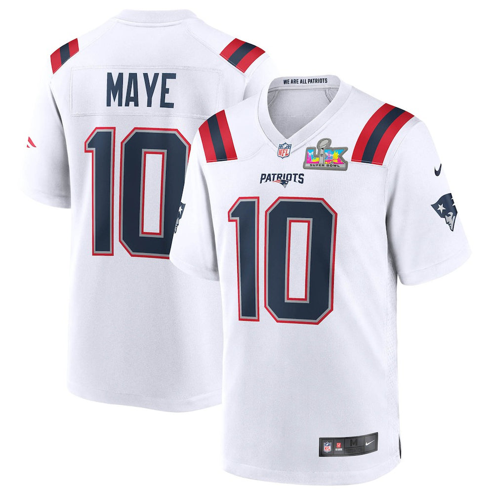 NFL Drake Maye New England Patriots Super Bowl LX Patch Game Jersey - White