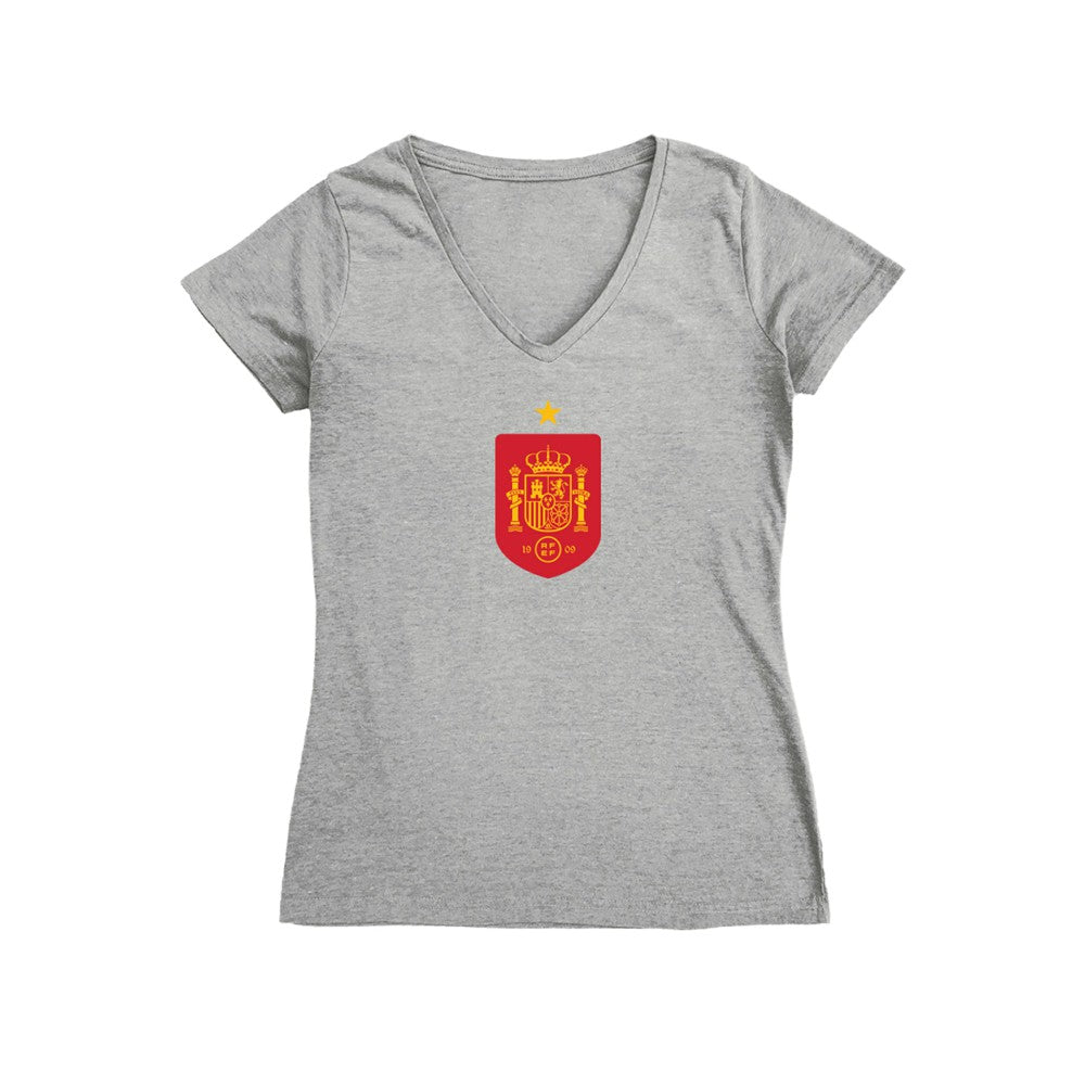 Spain National Team Vive La Fete Women's Color Badge V-Neck Fitted T-Shirt Gray shop