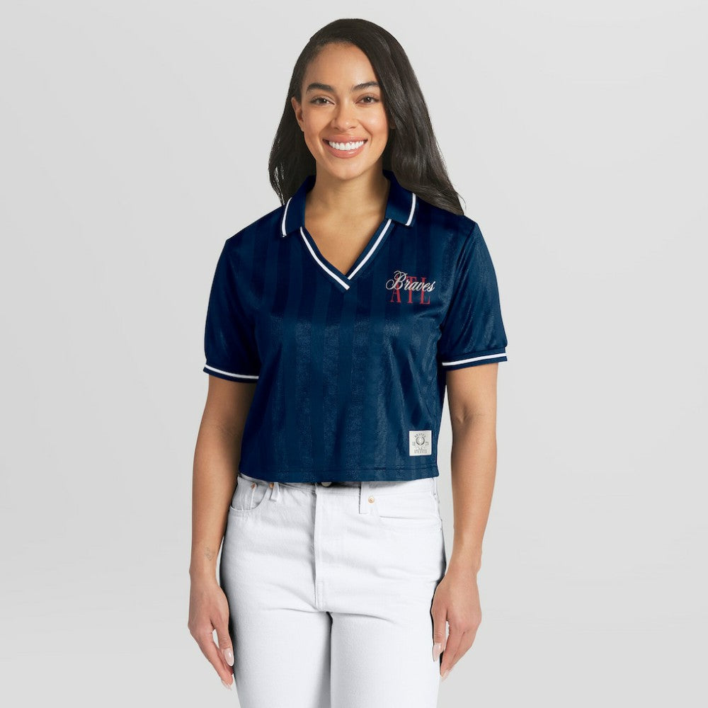 Atlanta Braves WEAR by Erin Andrews Women's Cropped Polo - Navy