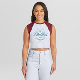 Philadelphia Phillies WEAR by Erin Andrews Women's Cooperstown Cropped Raglan Tank Top - White Tanks