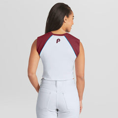 Philadelphia Phillies WEAR by Erin Andrews Women's Cooperstown Cropped Raglan Tank Top - White Tanks