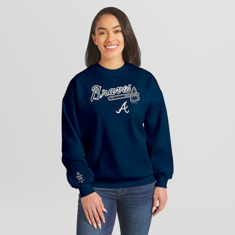 Atlanta Braves WEAR by Erin Andrews Women's Heavyweight Crew Neck Sweatshirt - Navy Sweatshirts
