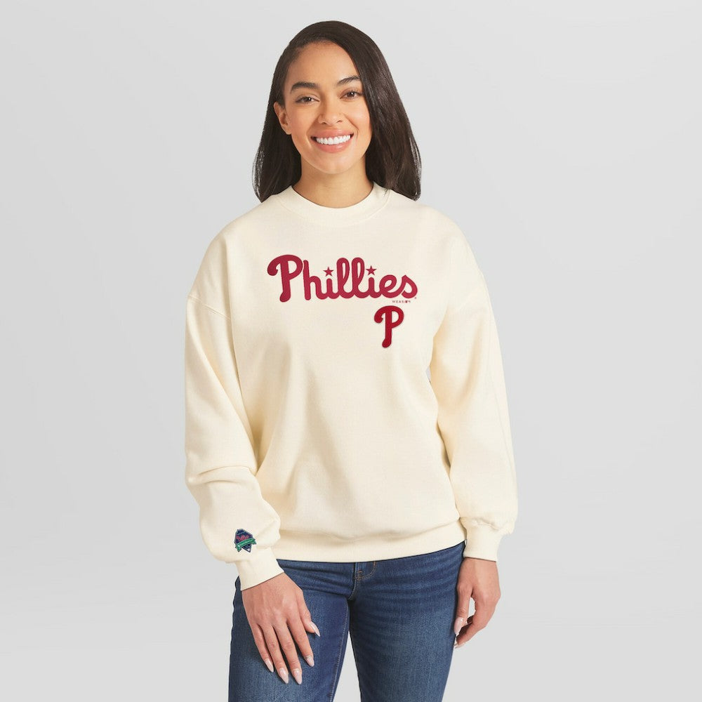 Philadelphia Phillies WEAR by Erin Andrews Women's Heavyweight Crew Neck Sweatshirt - Cream Sweatshirts