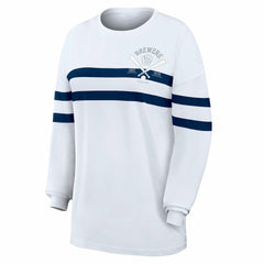 Milwaukee Brewers WEAR by Erin Andrews Women's Oversized Long Sleeve Striped T-Shirt - White T-shirts