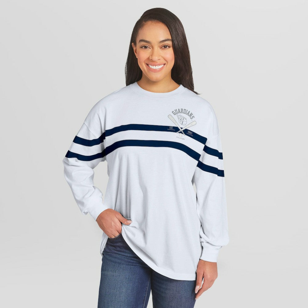 Cleveland Guardians WEAR by Erin Andrews Women's Oversized Long Sleeve Striped T-Shirt - White T-shirts