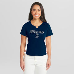Boston Red Sox WEAR by Erin Andrews Women's Notch Neck Cropped T-Shirt - Navy T-shirts