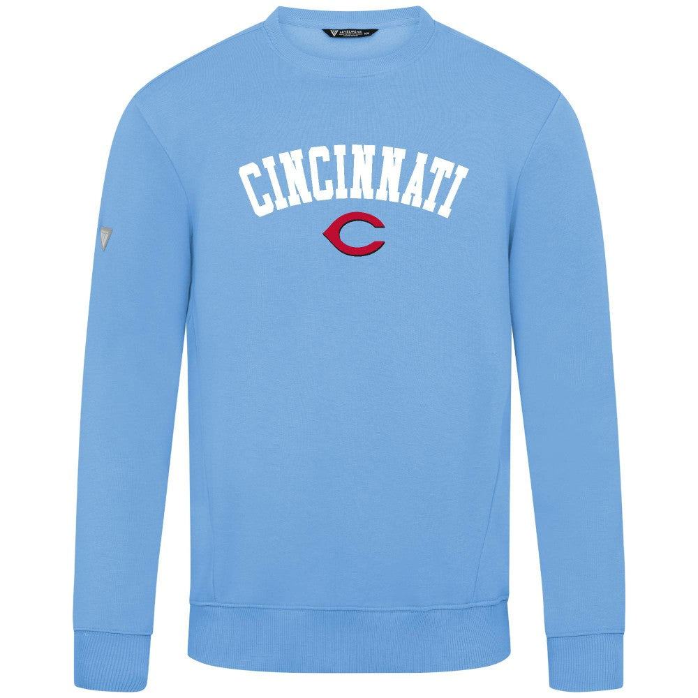 Cincinnati Reds Levelwear Zane Felt Arch Pullover Sweatshirt - Light Blue Pullover