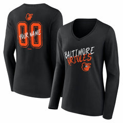 Baltimore Orioles Women's Hustle Personalized Name & Number Long Sleeve V-Neck T-Shirt - Black T-shirts