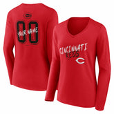 Cincinnati Reds Women's Hustle Personalized Name & Number Long Sleeve V-Neck T-Shirt - Red T-shirts