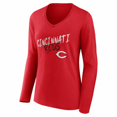 Cincinnati Reds Women's Hustle Personalized Name & Number Long Sleeve V-Neck T-Shirt - Red T-shirts