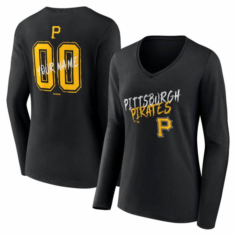 Pittsburgh Pirates Women's Hustle Personalized Name & Number Long Sleeve V-Neck T-Shirt - Black T-shirts
