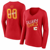 NHL,Custom Calgary Flames Women's Hustle Personalized Name & Number Long Sleeve V-Neck T-Shirt - Red