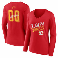 NHL,Custom Calgary Flames Women's Hustle Personalized Name & Number Long Sleeve V-Neck T-Shirt - Red