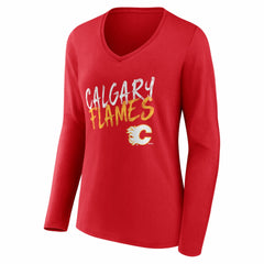 NHL,Custom Calgary Flames Women's Hustle Personalized Name & Number Long Sleeve V-Neck T-Shirt - Red