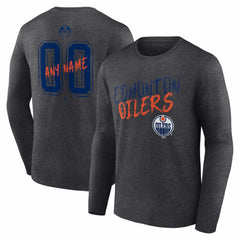 NHL,Custom Edmonton Oilers Hustle Personalized Name & Number Long Sleeve T-Shirt - Charcoal