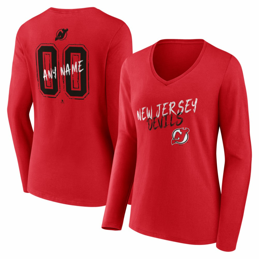 NHL,Custom New Jersey Devils Women's Hustle Personalized Name & Number Long Sleeve V-Neck T-Shirt - Red