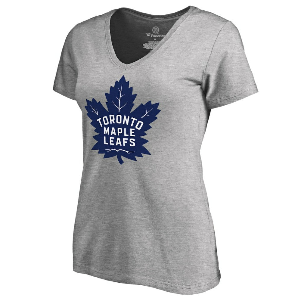 NHL Toronto Maple Leafs Women's New Primary Logo V-Neck T-Shirt - Heather Gray