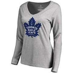 NHL Toronto Maple Leafs Women's New Primary Logo V-Neck Long Sleeve T-Shirt - Heathered Gray
