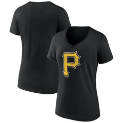 Pittsburgh Pirates Women's Team Color Primary Logo V-Neck T-Shirt - Black T-shirts