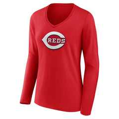 Cincinnati Reds Women's Team Color Primary Logo V-Neck Long Sleeve T-Shirt - Red T-shirts