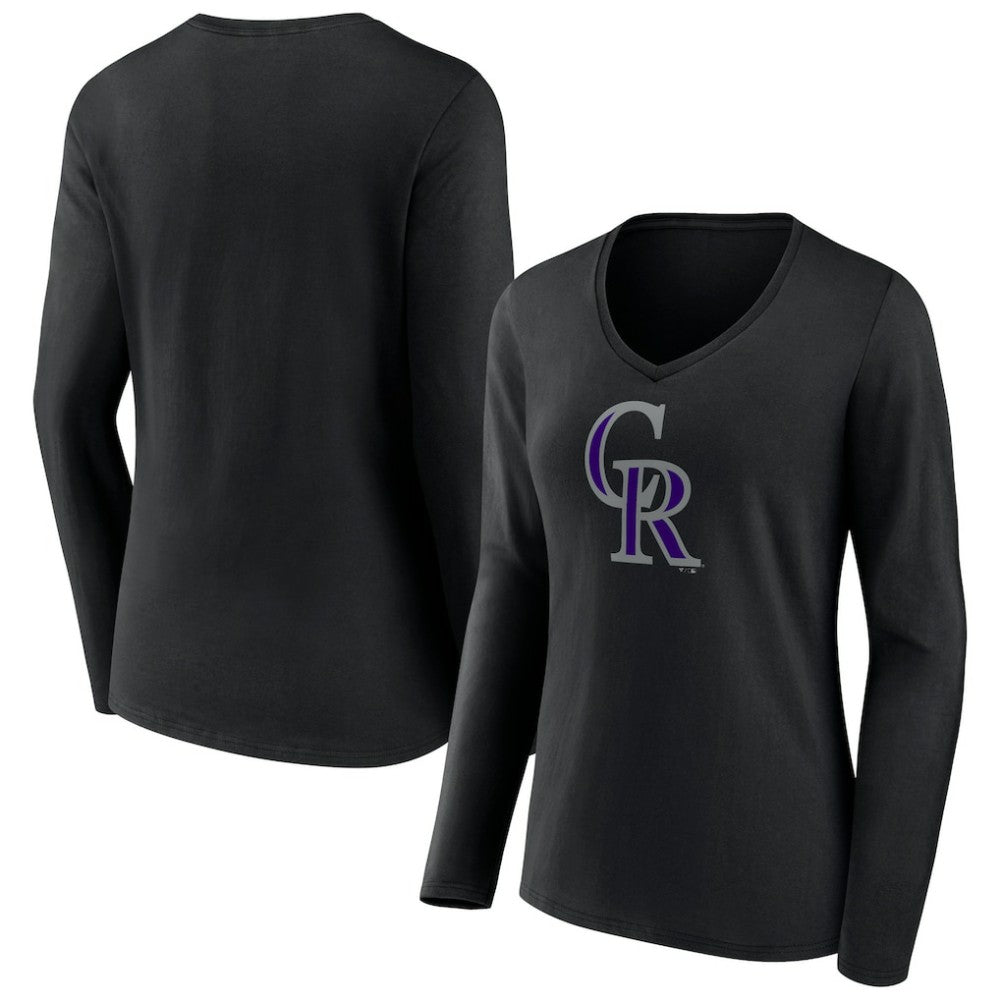 Colorado Rockies Women's Team Color Primary Logo V-Neck Long Sleeve T-Shirt - Black T-shirts
