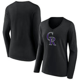 Colorado Rockies Women's Team Color Primary Logo V-Neck Long Sleeve T-Shirt - Black T-shirts