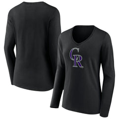 Colorado Rockies Women's Team Color Primary Logo V-Neck Long Sleeve T-Shirt - Black T-shirts