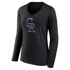 Colorado Rockies Women's Team Color Primary Logo V-Neck Long Sleeve T-Shirt - Black T-shirts