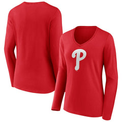 Philadelphia Phillies Women's Team Color Primary Logo V-Neck Long Sleeve T-Shirt - Red T-shirts