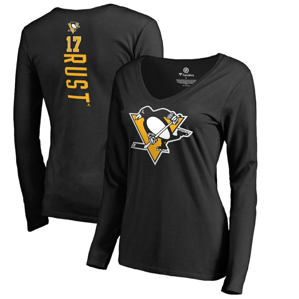 NHL Bryan Rust Pittsburgh Penguins Women's Backer Name & Number Long Sleeve V-Neck T-Shirt - Black