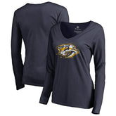 NHL Nashville Predators Women's Splatter Logo V-Neck Long Sleeve T-Shirt - Navy