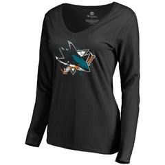 NHL San Jose Sharks Women's Splatter Logo V-Neck Long Sleeve T-Shirt - Black