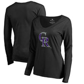 Colorado Rockies Women's Splatter Logo Long Sleeve V-Neck T-Shirt - Black T-shirts