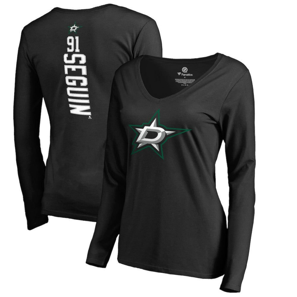 NHL Tyler Seguin Dallas Stars Women's Backer Name & Number Slim Fit Long Sleeve V-Neck T-Shirt - Black