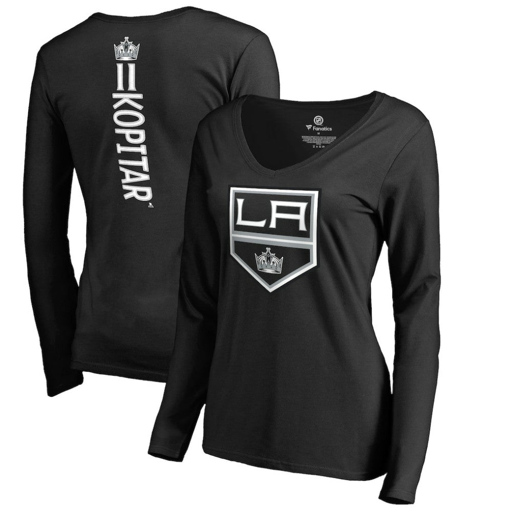 NHL Anze Kopitar Los Angeles Kings Women's Backer Name & Number Slim Fit Long Sleeve V-Neck T-Shirt - Black