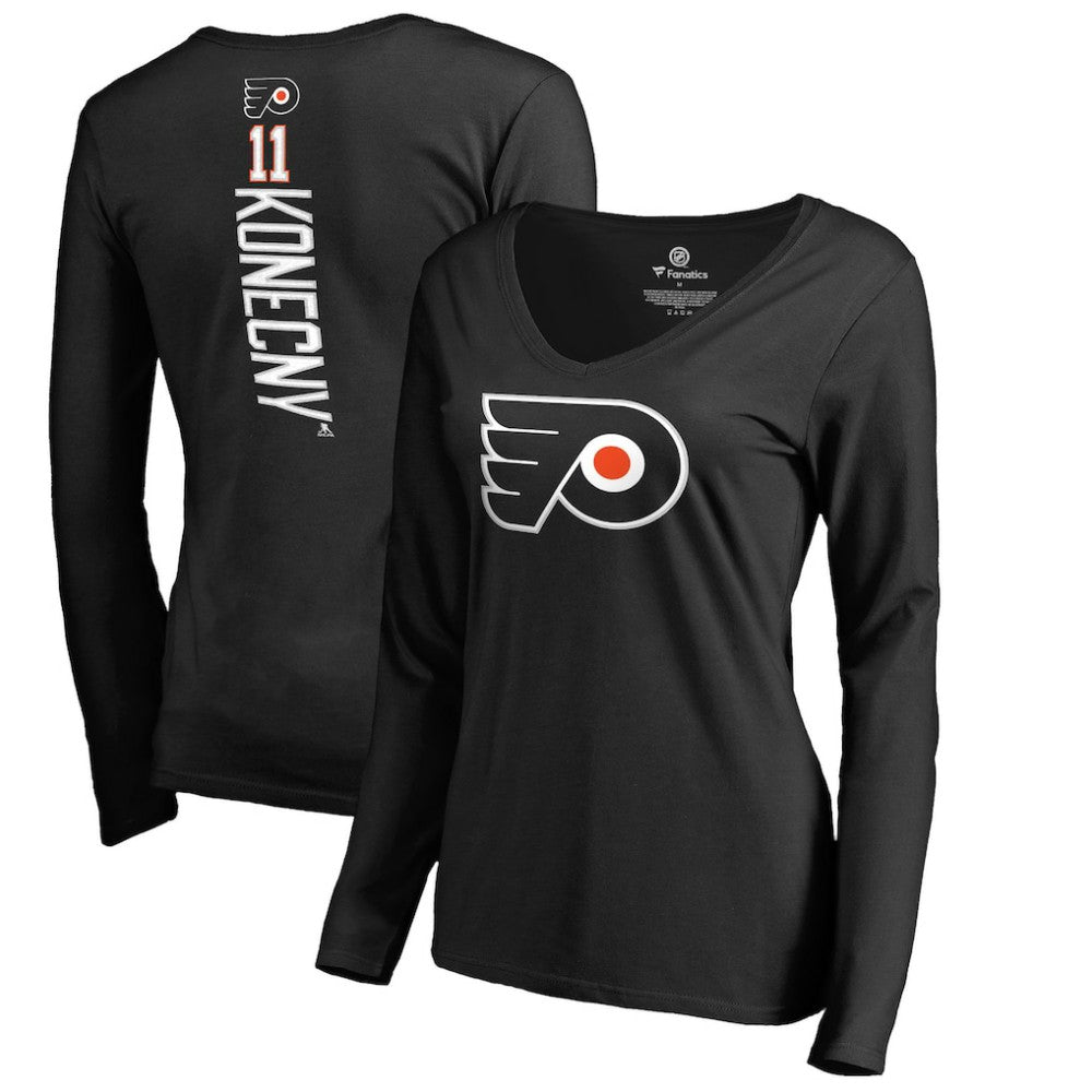 NHL Travis Konecny Philadelphia Flyers Women's Backer Name & Number Slim Fit Long Sleeve V-Neck T-Shirt - Black