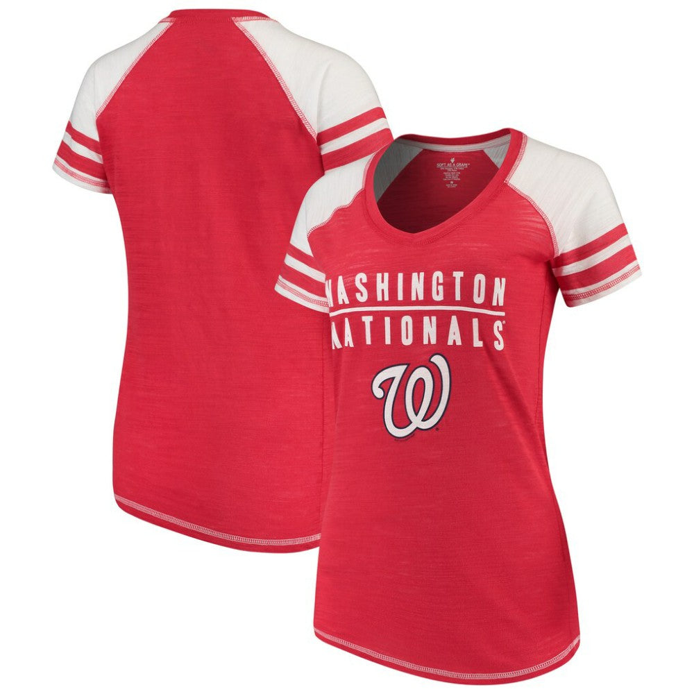 Washington Nationals Soft as a Grape Women's Color Block V-Neck T-Shirt - Red T-shirts