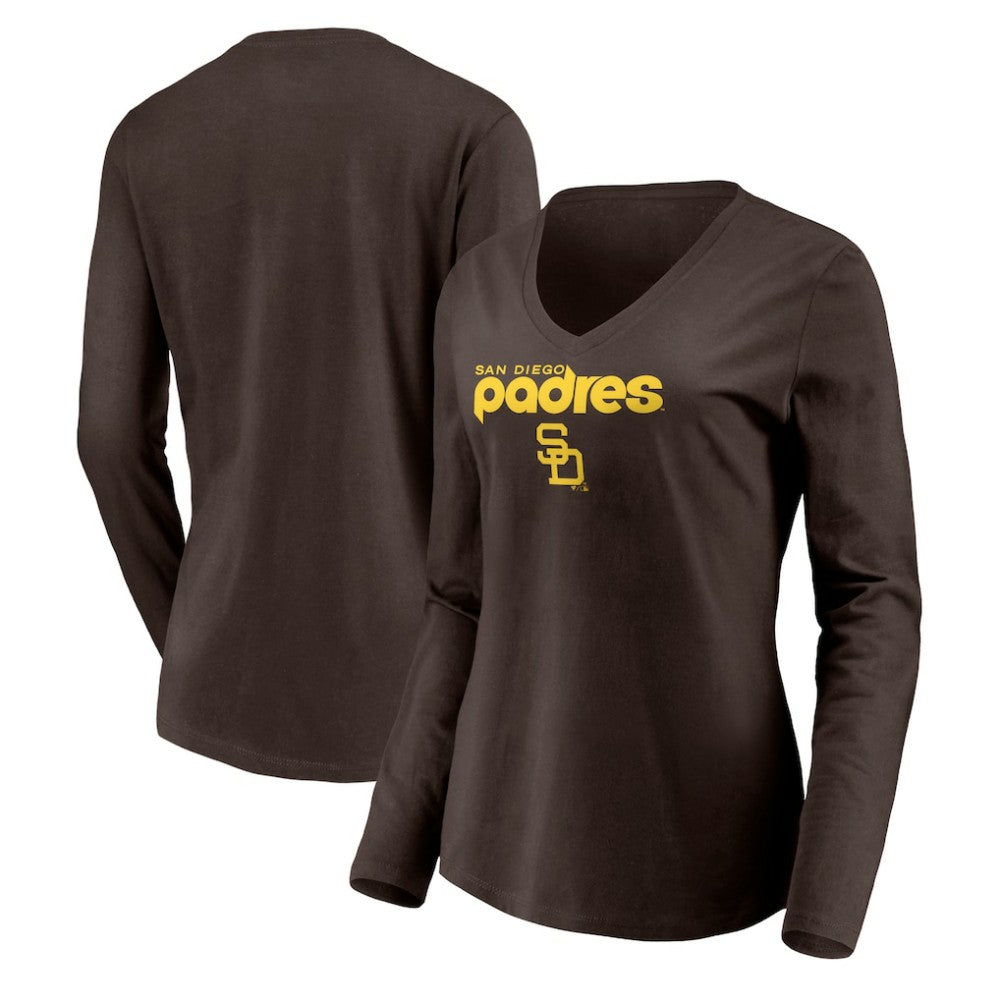 San Diego Padres Women's Cooperstown Collection Wahconah Long Sleeve V-Neck T-Shirt - Brown T-shirts