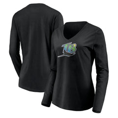 Tampa Bay Rays Women's Cooperstown Collection Wahconah Long Sleeve V-Neck T-Shirt - Black T-shirts